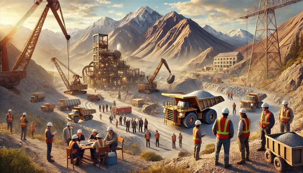 DALL·E 2025-03-10 15.58.30 - A realistic image of a mining operation in Iglesia, San Juan, Argentina. The scene includes workers in safety gear (helmets, vests) engaged in various